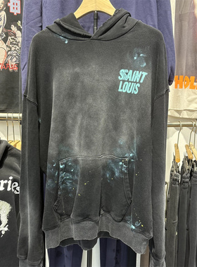 SSSAINT LOUIS泼墨水洗做旧字母Logo印花连帽卫衣男女同款帽衫潮