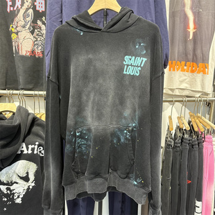 SSSAINT LOUIS泼墨水洗做旧字母Logo印花连帽卫衣男女同款帽衫潮