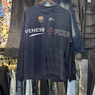 档口实拍 美式复古做旧背后17数字印花不规则拼接印花宽松长袖T恤