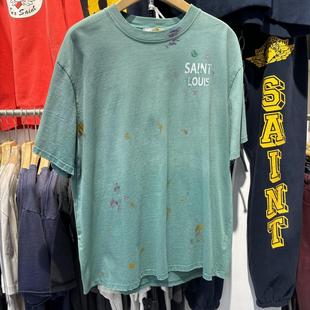 档口实拍Saint美式 T恤 复古高街水洗渐变泼墨闪粉字母宽松做旧短袖