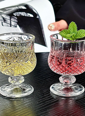 创意复古刻花玻璃杯迷你果酒杯精致高脚甜酒杯高颜值小酒杯一口杯