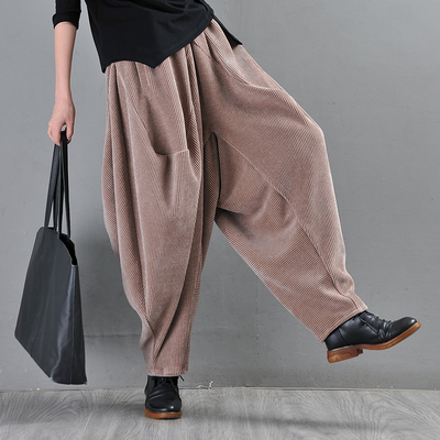 易见文艺松紧萝卜条绒哈伦裤