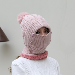 冬款 围脖连体帽秋冬骑车加绒护耳毛线帽纯色护脖针织帽产妇帽DJ