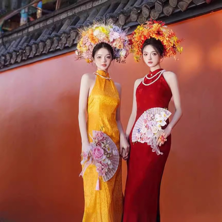 写真服装影楼新中式旗袍挂脖连衣裙改良无袖国风显瘦时尚摄影YW