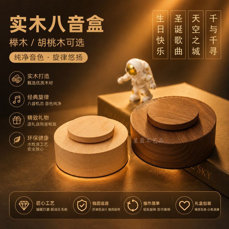 中心发条圆形底座八音盒实木音乐盒旋转摆件转式黑胡桃礼品复古