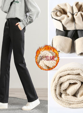 女士冬天直筒大码加绒加厚羊羔绒裤子加长版175高个子运动休闲裤