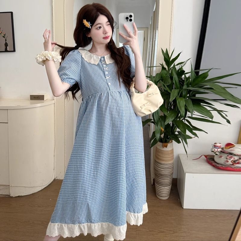 法式学院风娃娃领格纹连衣裙女中长款日系可爱甜美格子显瘦孕妇裙