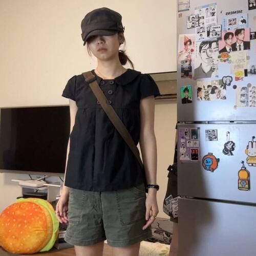 韩系娃娃领短袖双排扣显瘦衬衫