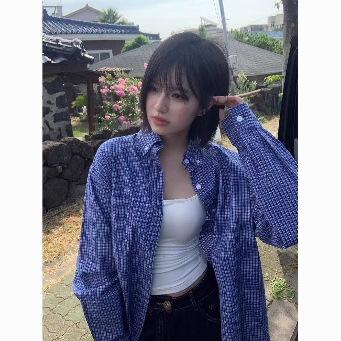 韩系蓝色格子衬衫外套女早秋穿搭新款学院风宽松叠穿打底外套