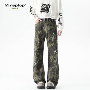 2025高街复古枯叶树叶迷彩印花潮牌宽松直筒伐木牛仔长裤子男