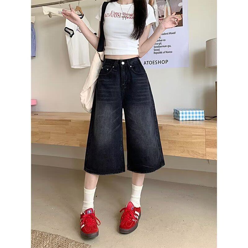 美式黑色七分牛仔短裤女夏季辣妹大码胖mm宽松显瘦直筒阔腿中裤子