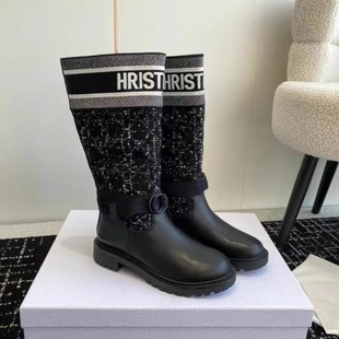 秋冬季ins小众设计感针织不过膝长靴女d家女靴子中筒粗跟高筒女鞋