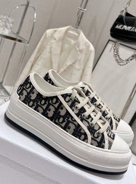 夏季透气女鞋D家刺绣帆布鞋女士网红厚底内增高休闲运动潮流板鞋