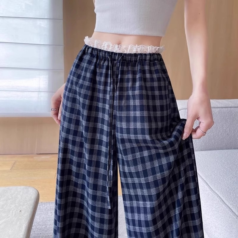 蕾丝花边拼接格子裤女夏季薄款2025新款宽松冰丝速干阔腿遛弯裤子
