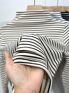 男女童条纹德绒打底衫内搭秋冬半高领中大儿童长袖加厚一体绒上衣