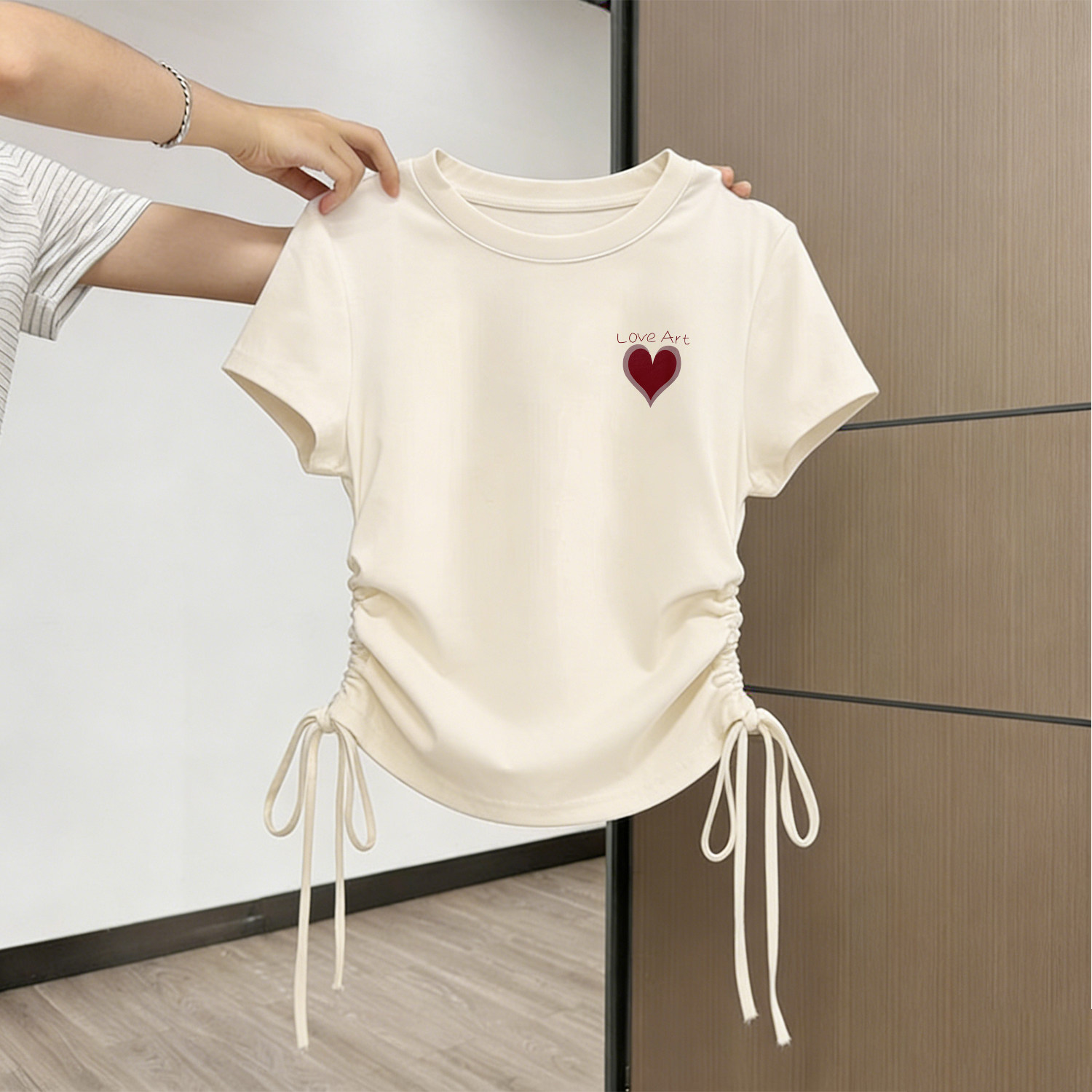 女童装夏装设计感2026新款纯棉短袖T恤抽绳系带中大儿童上衣短款