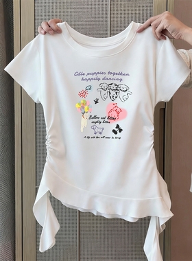 女童夏装纯棉短袖T恤夏季2026新款不规则荷叶边儿童学生短款上衣