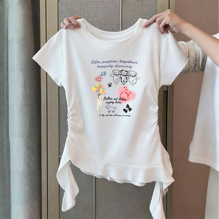 女童夏装纯棉短袖T恤夏季2026新款不规则荷叶边儿童学生短款上衣