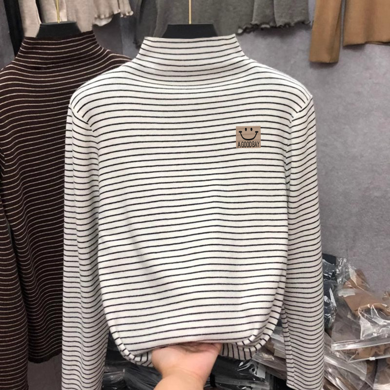 男女童加厚保暖条纹德绒打底衫秋冬半高领秋装儿童内搭一体绒上衣