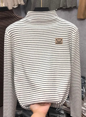 男女童加厚保暖条纹德绒打底衫秋冬半高领秋装儿童内搭一体绒上衣