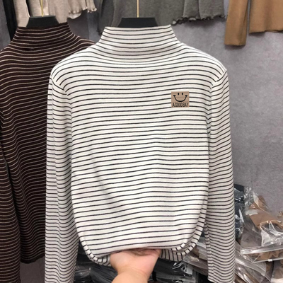 男女童加厚保暖条纹德绒打底衫秋冬半高领秋装儿童内搭一体绒上衣