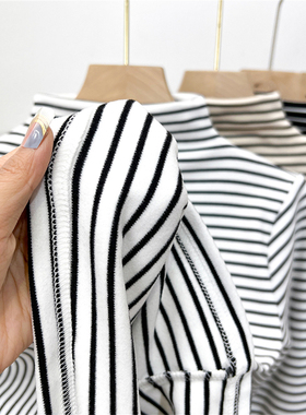 男女童装条纹德绒打底衫内搭秋冬半高领中大儿童长袖T恤上衣加厚