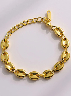 NVOXS金色咖啡豆拼接鼻子椭圆镂空造型不锈钢手链女高级感手饰品