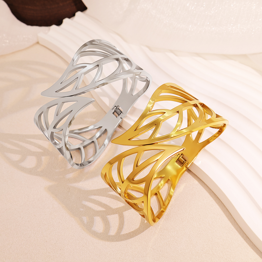 NVOXS金色树叶设计几何开口手镯