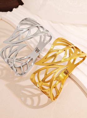 NVOXS金色树叶设计几何开口手镯
