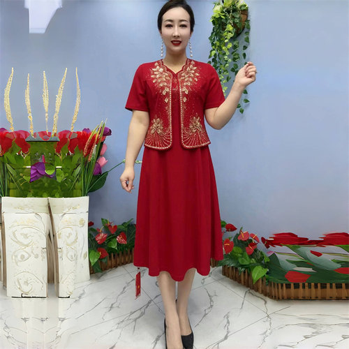 夏季短袖婚礼妈妈礼服高贵喜婆婆婚宴敬酒服大码旗袍裙套装两件套