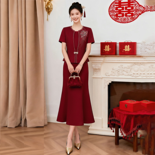 喜婆婆婚宴礼服短袖两件套连衣裙高端平时可穿喜妈妈洋气鱼尾长裙