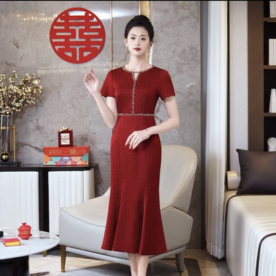 高端喜婆婆婚宴装平时可穿春夏新款短袖礼服婚礼洋气醋酸鱼尾长裙