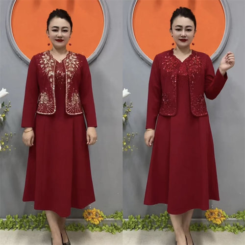 洋气婚礼服高贵喜婆婆婚宴旗袍小个子妈妈两件套装中年气质连衣裙