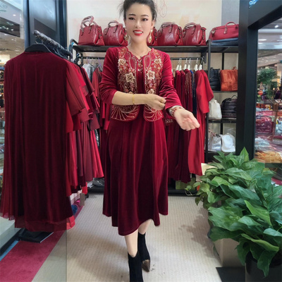 高端喜婆婆金丝绒婚宴两件套气质连衣裙长袖气质妈妈结婚礼服套装
