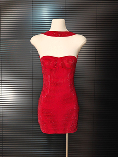 法式 包臀裙女 烫钻挂脖连衣裙轻奢晚礼服夜总会party抹胸性感无袖