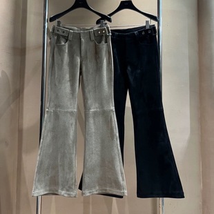 长裤 复古做旧工装 袢拖地盖脚拼接喇叭裤 秋冬加厚裤 女 风低腰休闲裤