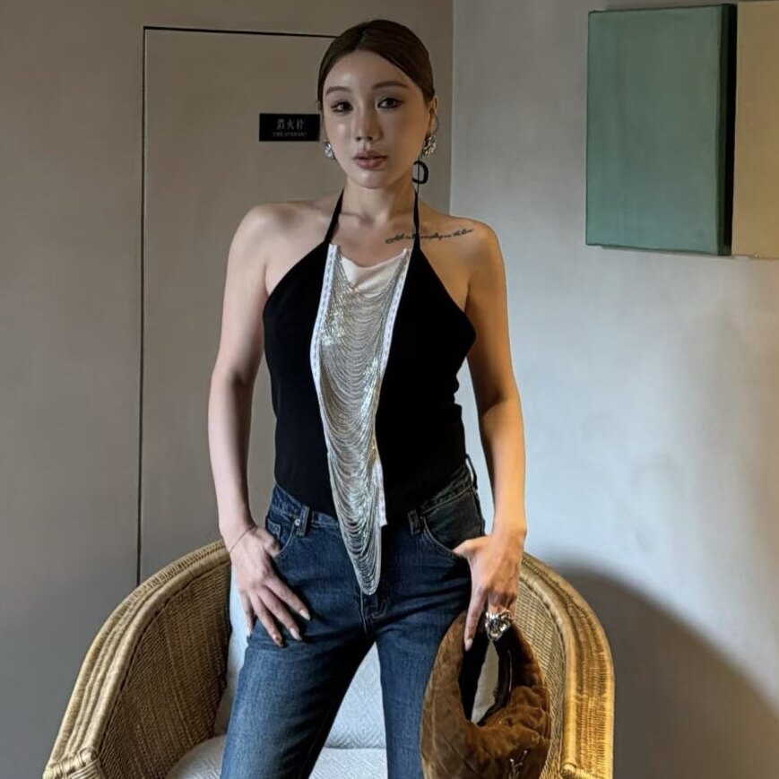 法式小众设计水钻流苏吊带辣妹性感背心露背显瘦复古马甲上衣潮女