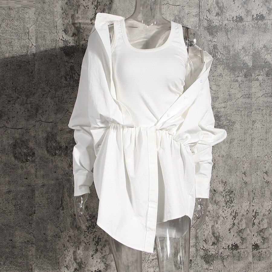 2026春夏新欧美休闲针织背心拼接宽松长款衬衫假两件不对称连衣裙