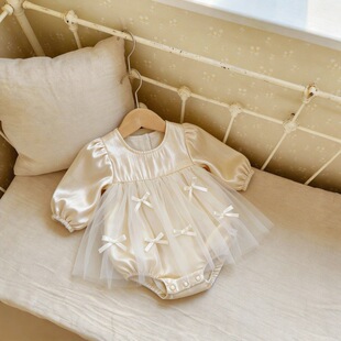 女童裙子女宝宝时尚 纯色螺纹木耳边拼接连体衣周岁 春款 2026新款