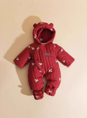 宝宝过年拜年衣服冬款喜庆加绒包脚婴儿服夹棉连体衣加厚外出抱衣