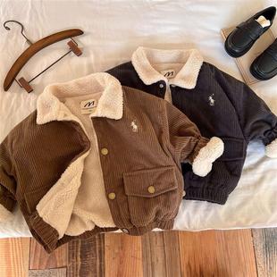 儿童加厚棉衣2023冬季 男童女童坑条加绒棉服宝宝刺绣翻领外套 新品