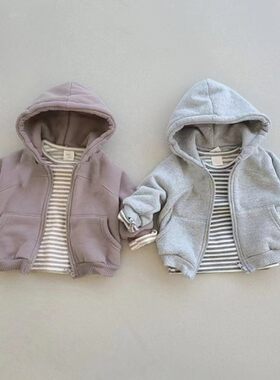 0一1岁宝宝衣服洋气男女童连帽外套秋冬加绒加厚婴儿休闲拉链卫衣