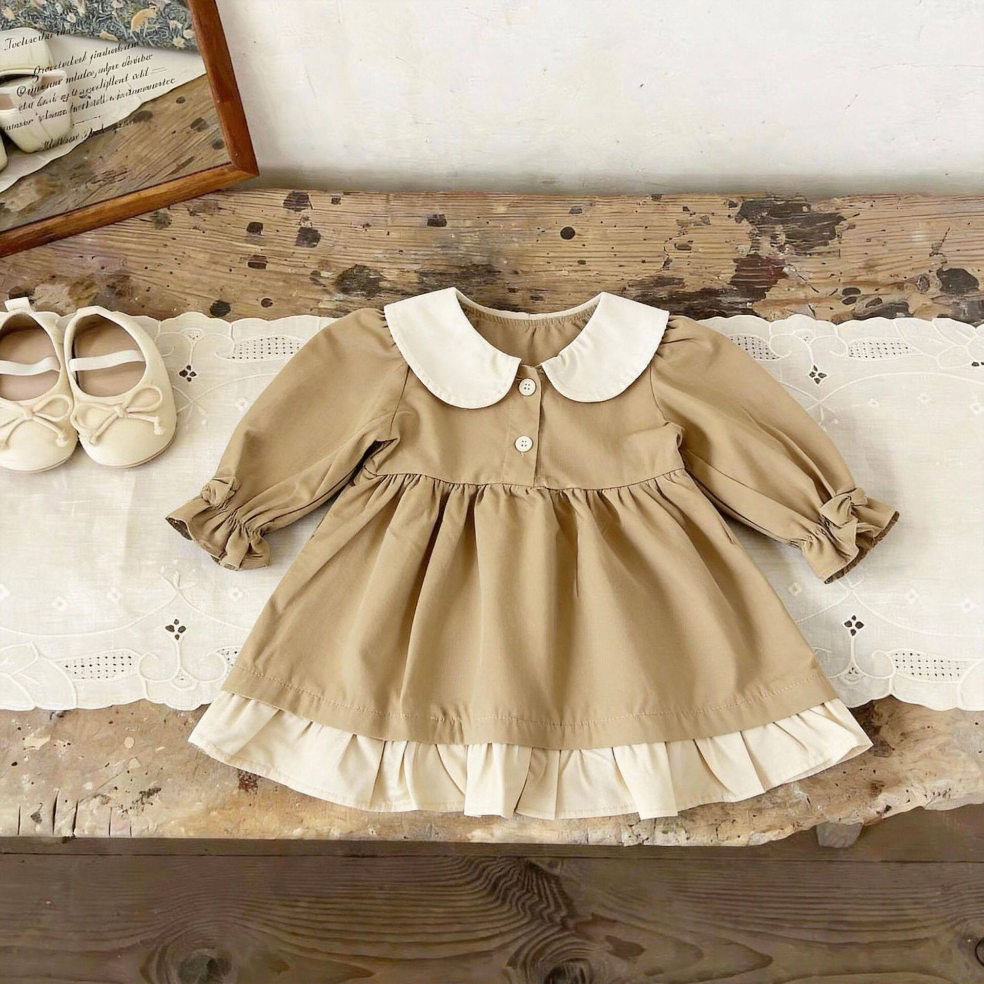 韩版女童连衣裙春秋装长袖碎花花边翻领简约公主裙儿童春季小裙子