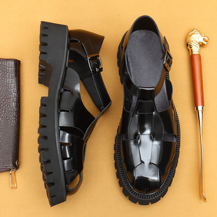 凉皮鞋男真皮2024新款夏季透气厚底增高亮面凉鞋外穿包头休闲男鞋