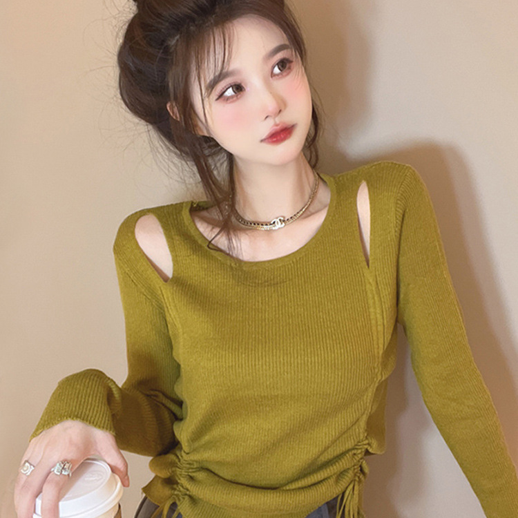 针织打底衫女2023秋装不规则毛衣抽绳小衫短款内搭长袖别致小