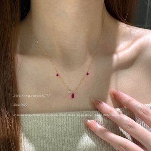 巨显白!韩系玫红色水滴闪钻项链高级感气质极细简约锁骨链颈链女