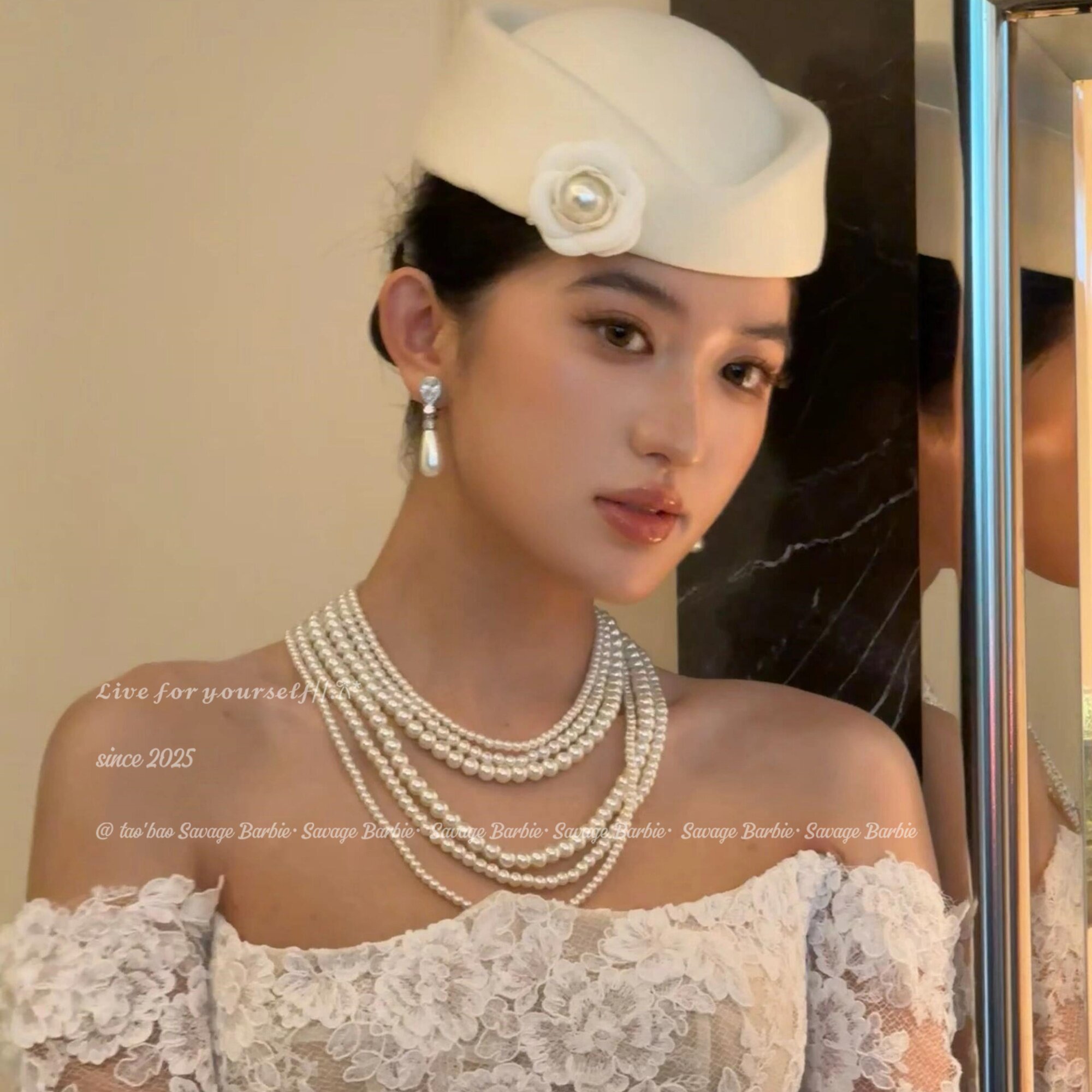 赫本风法式白色花朵珍珠空姐帽复古高级感气质贝雷帽万圣节帽子女