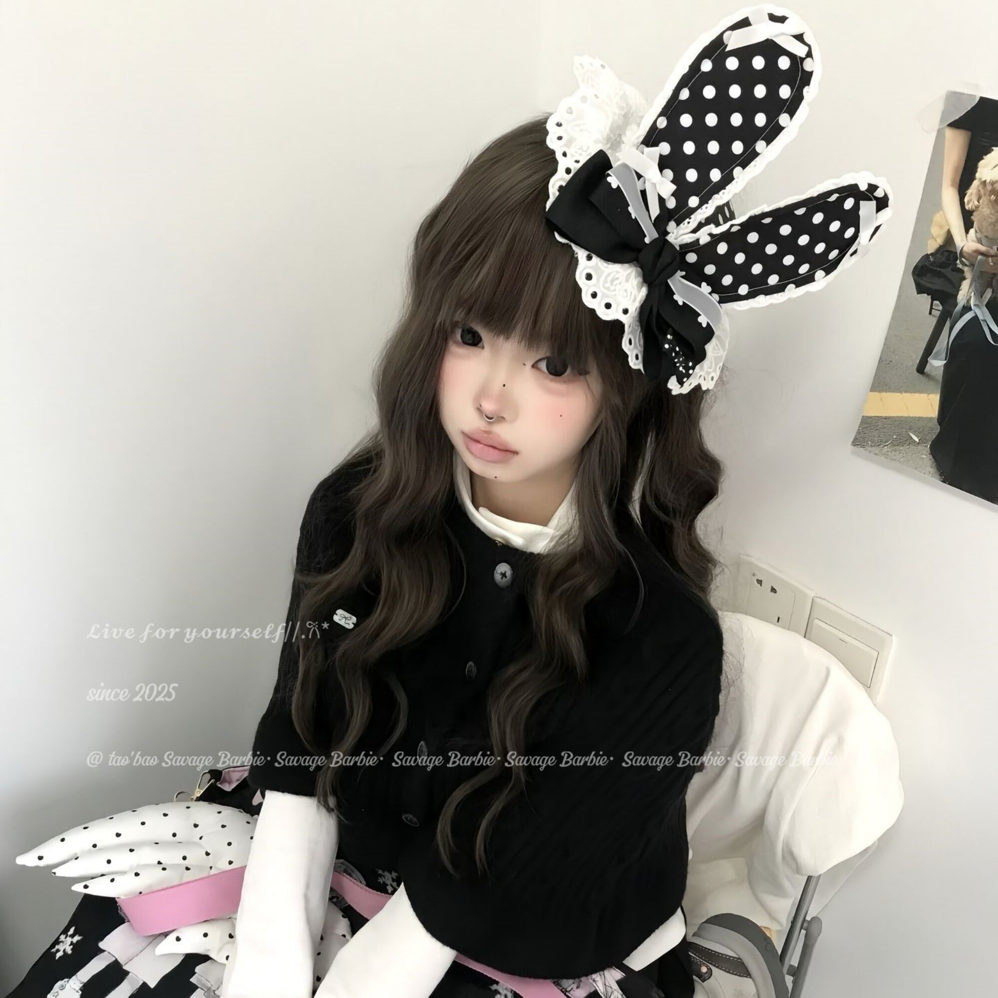 日系甜美波点兔耳朵蝴蝶结礼帽