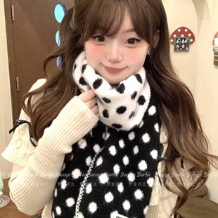 韩系复古双面波点针织围巾女秋冬氛围感加厚保暖防寒围脖护颈外搭