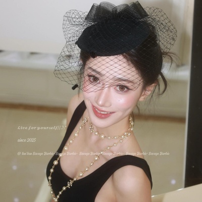 法式赫本风黑色网纱蝴蝶结礼帽